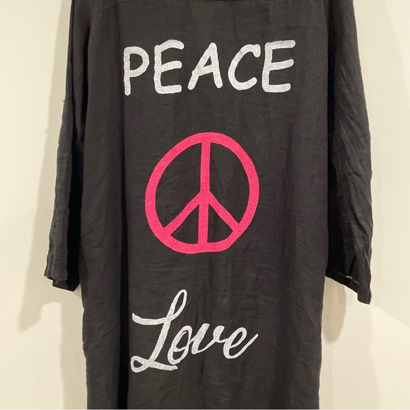 100% linen made in Italy black long sleeve button down tunic top peace and love - Picture 5 of 5